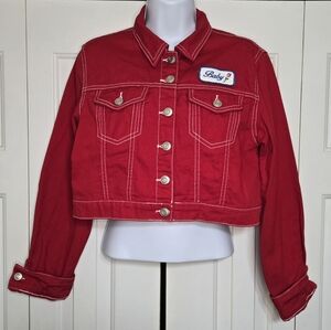 Forever 21 Women's Juniors Cropped Red Denim Jacket With Baby Rose Patch…